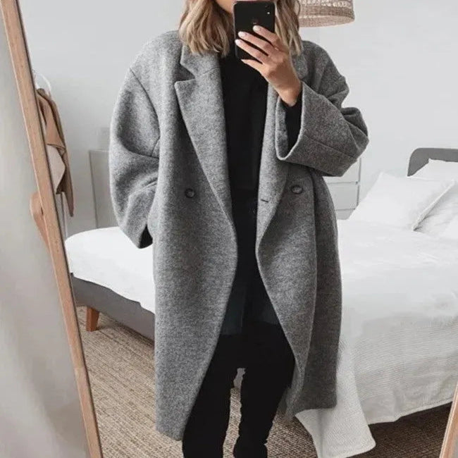 Oversized Coat with Double-Breasted Buttons and Wool-Blend Lining for Women - Relaxed Fit