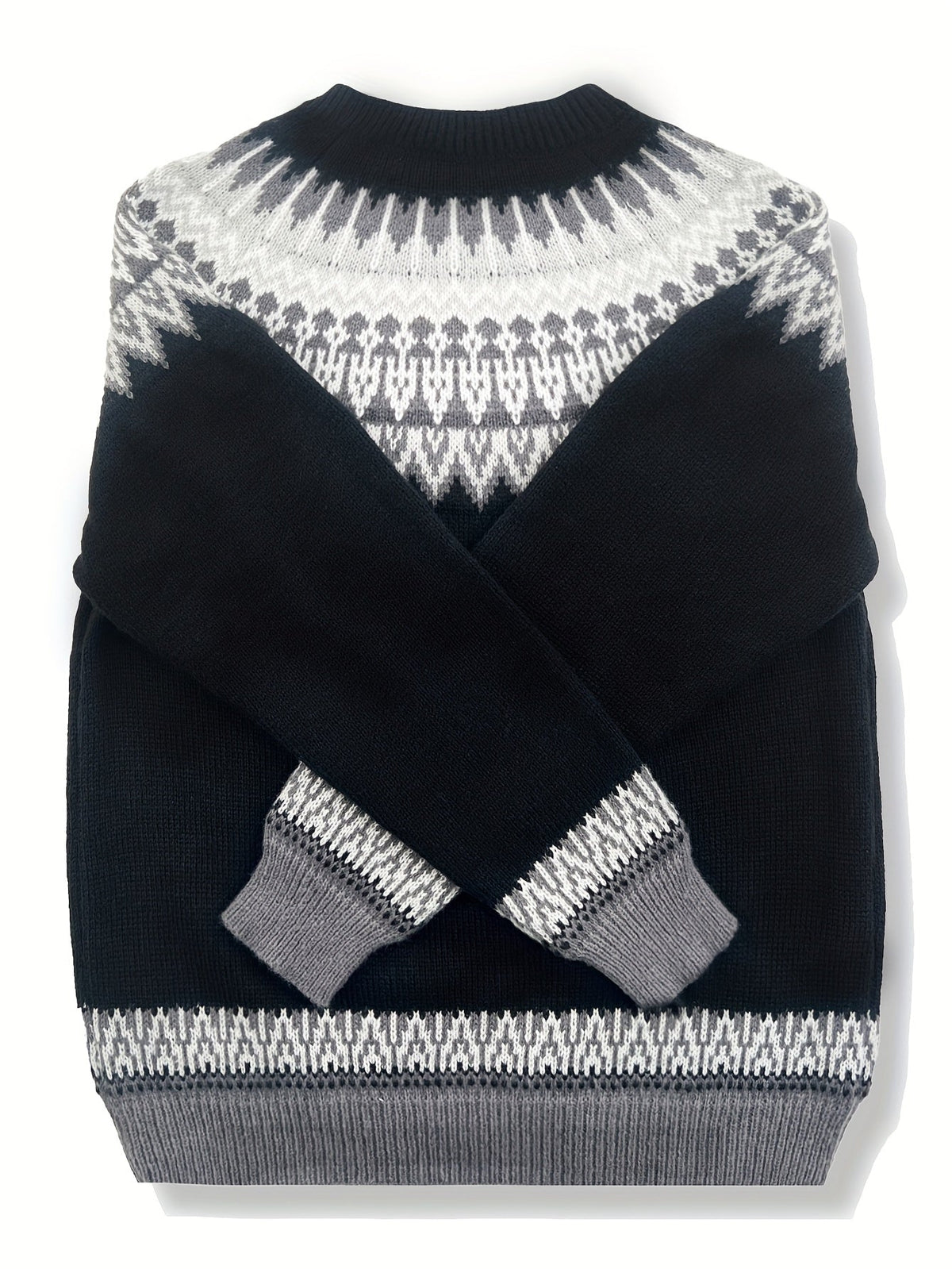 Chunky Jacquard Knit Sweater with Round Neck and Relaxed Fit