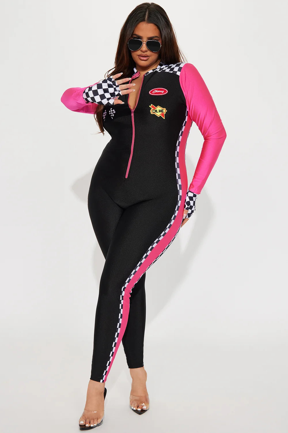 Racing Costume Three Piece Set with Stretch Knit Fabric and Checkered Flag Design