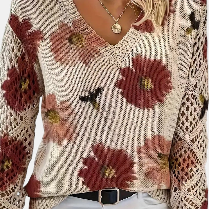 Floral Knit Sweater with V-Neckline and Open Sleeves for Women - Ribbed Hem