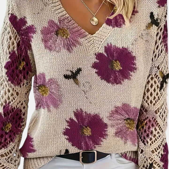 Floral Knit Sweater with V-Neckline and Open Sleeves for Women - Ribbed Hem