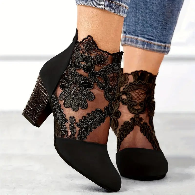 White Lace Heels with Cushioned Insole and Stable Heel, Handmade Floral Applique