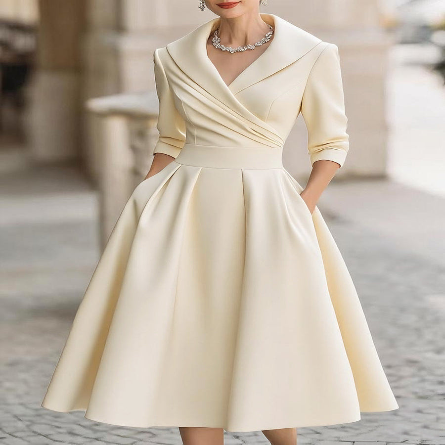 Satin-Like Midi Dress with Stretch Blend and Semi-Fitted Bodice - Mid-Calf Length