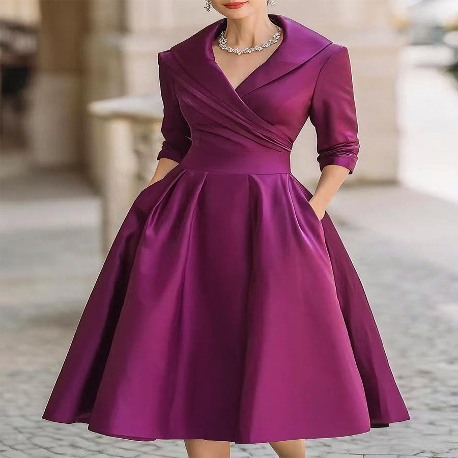 Satin-Like Midi Dress with Stretch Blend and Semi-Fitted Bodice - Mid-Calf Length