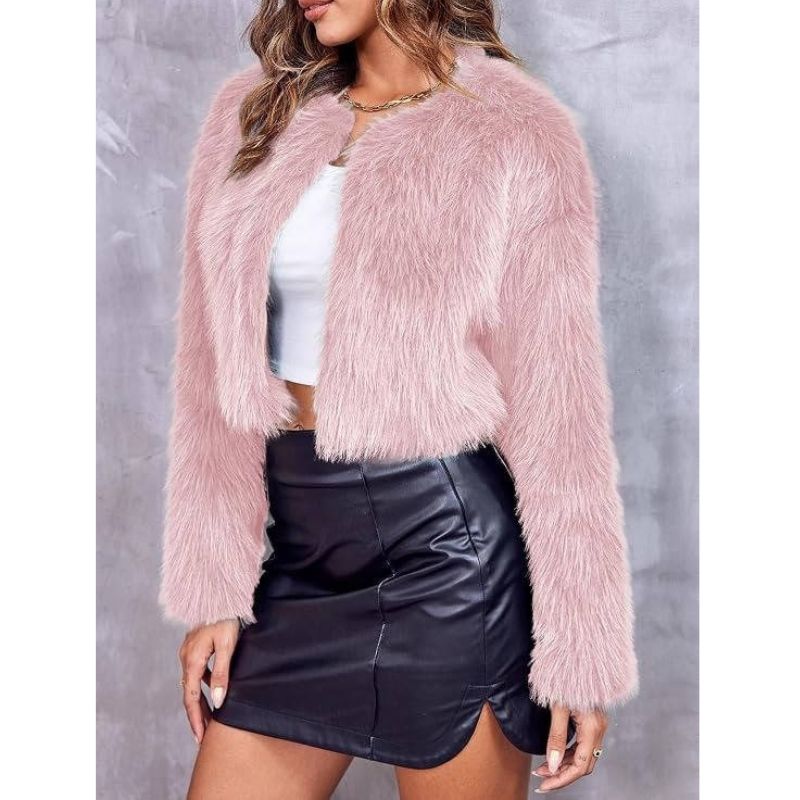 Cropped Faux Fur Jacket with Open Front and Long Sleeves for Women