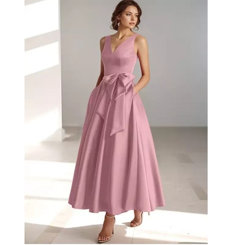 Womens A-Line Midi Dress with V-Neckline and Structured Bow Waist