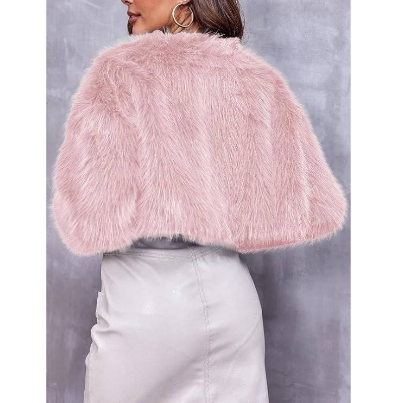 Cropped Faux Fur Jacket with Open Front and Long Sleeves for Women