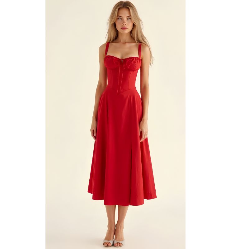 Corset Midi Dress with Structured Bodice and Flowing Flared Skirt, Stretch Lined