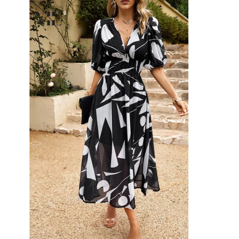 Floral Midi Dress with Puff Sleeves and Tailored Waist, Lightweight Woven Fabric