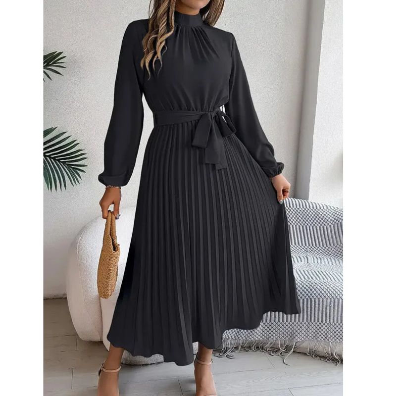 Long Sleeve Pleated Dress with Removable Belt and Hidden Zipper, Lightweight Polyester