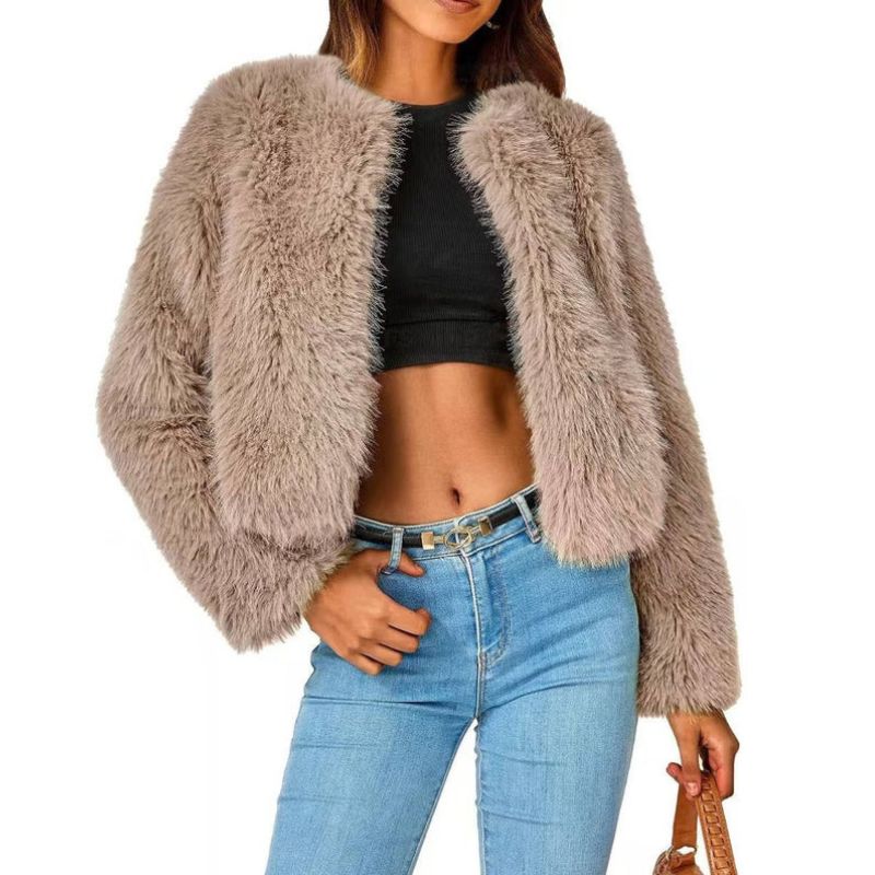 Cropped Faux Fur Jacket with Open Front and Long Sleeves for Women
