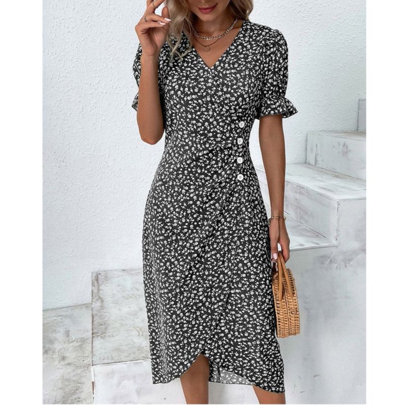 Floral Print Wrap Dress with V-Neck and Adjustable Tie Closure