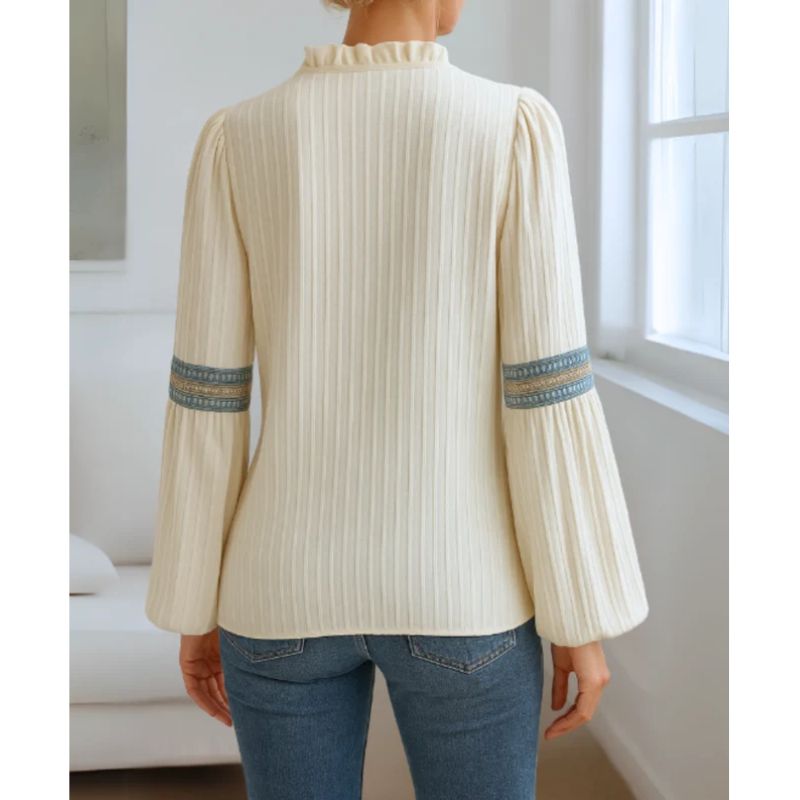 Womens Cotton Blend V-Neck Blouse with Pleated Shoulders and Relaxed Fit
