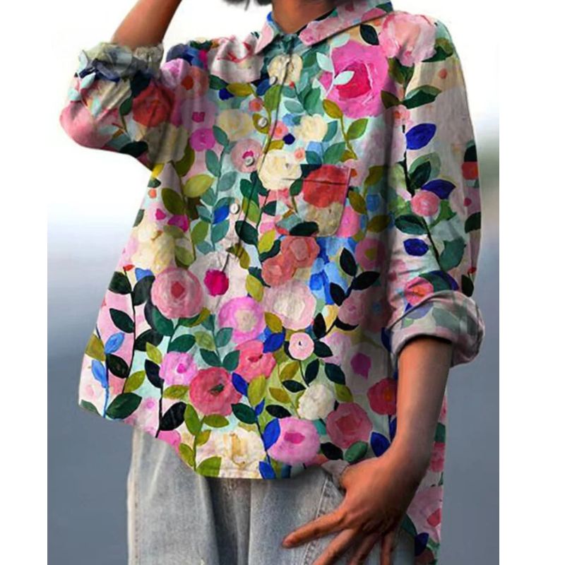 Womens Floral Blouse with Breathable Woven Fabric and Relaxed Fit, Long Sleeve