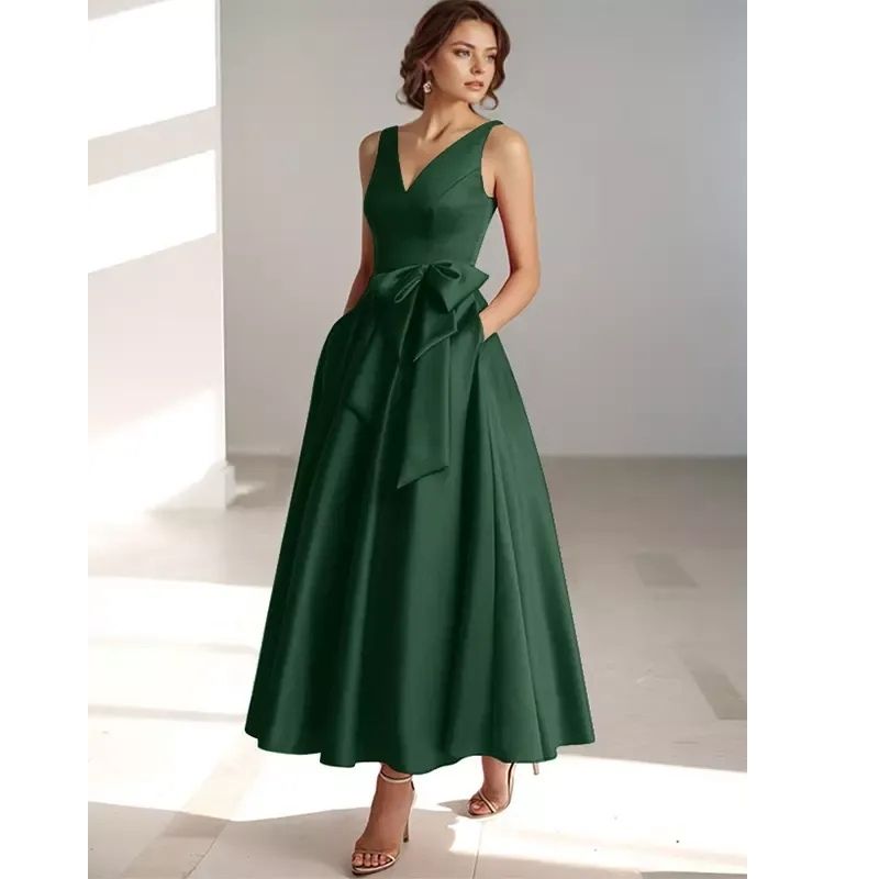 Womens A-Line Midi Dress with V-Neckline and Structured Bow Waist