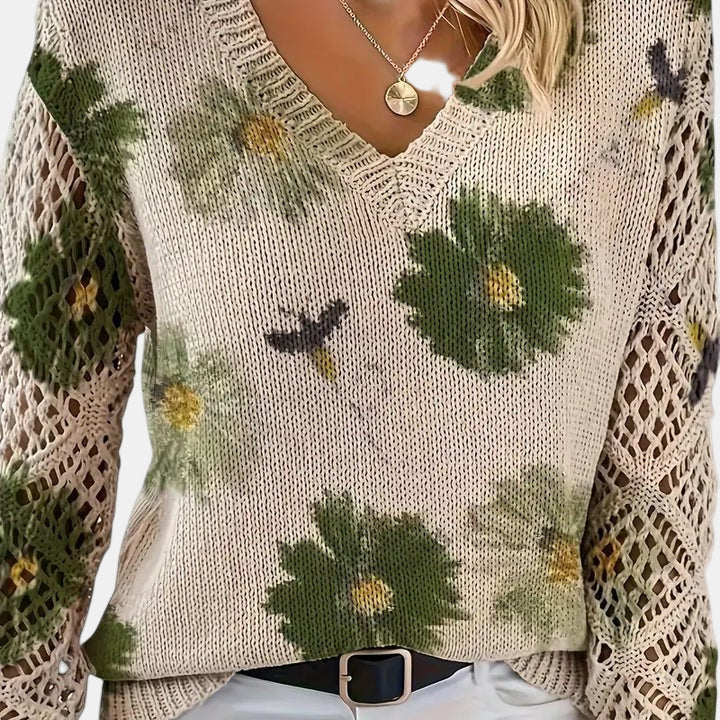 Floral Knit Sweater with V-Neckline and Open Sleeves for Women - Ribbed Hem
