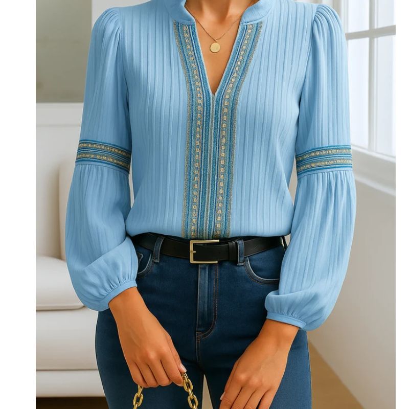 Womens Cotton Blend V-Neck Blouse with Pleated Shoulders and Relaxed Fit