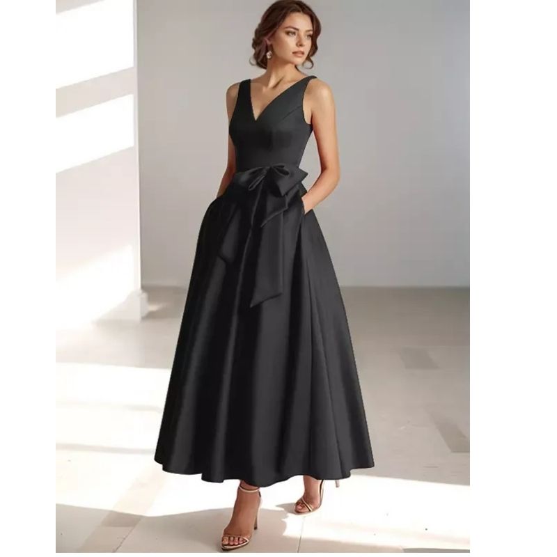 Womens A-Line Midi Dress with V-Neckline and Structured Bow Waist