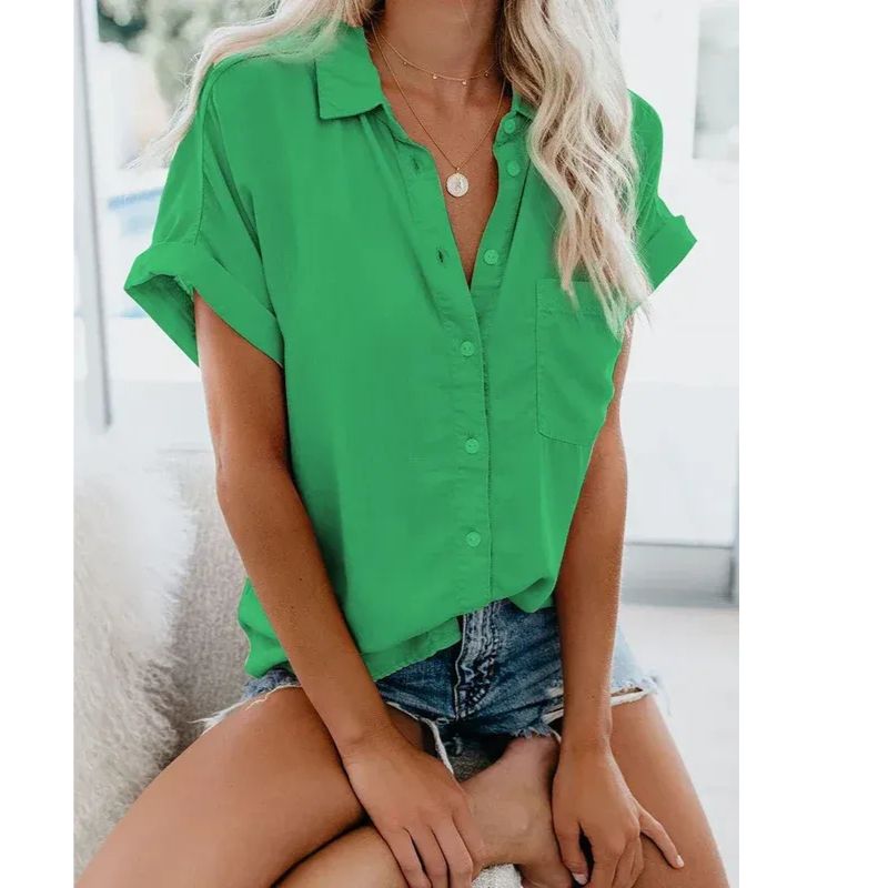 Womens Relaxed Fit Blouse with Button Front and Rolled Sleeve Detail