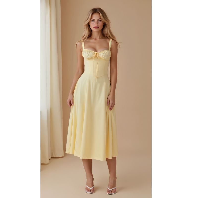 Corset Midi Dress with Structured Bodice and Flowing Flared Skirt, Stretch Lined