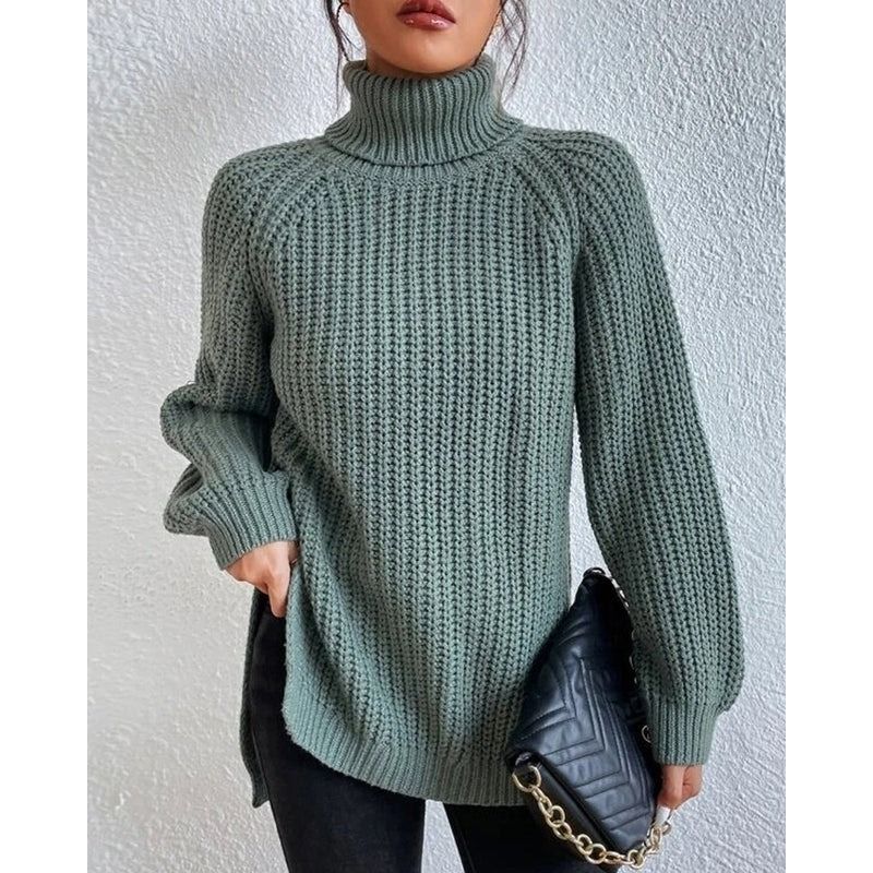Womens Ribbed Turtleneck Sweater with Foldable Neck and Stretch Fit, Machine Wash