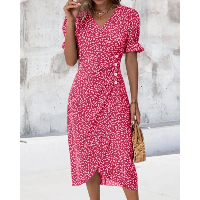 Floral Print Wrap Dress with V-Neck and Adjustable Tie Closure