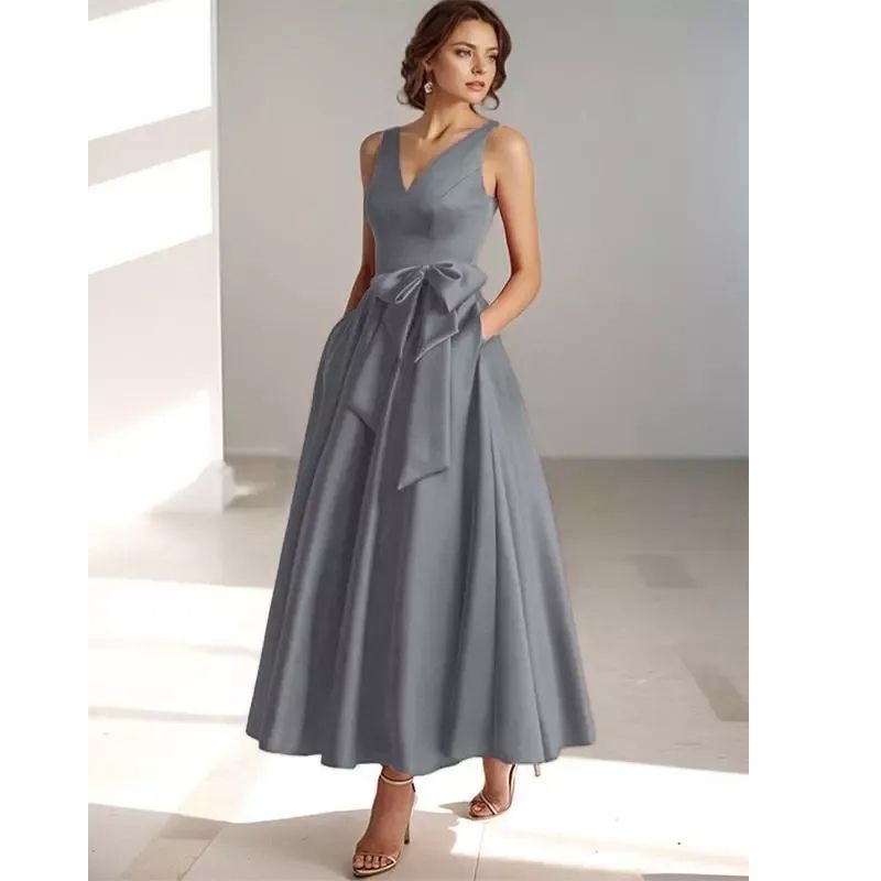 Womens A-Line Midi Dress with V-Neckline and Structured Bow Waist