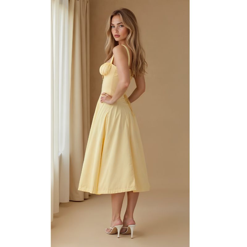 Corset Midi Dress with Structured Bodice and Flowing Flared Skirt, Stretch Lined