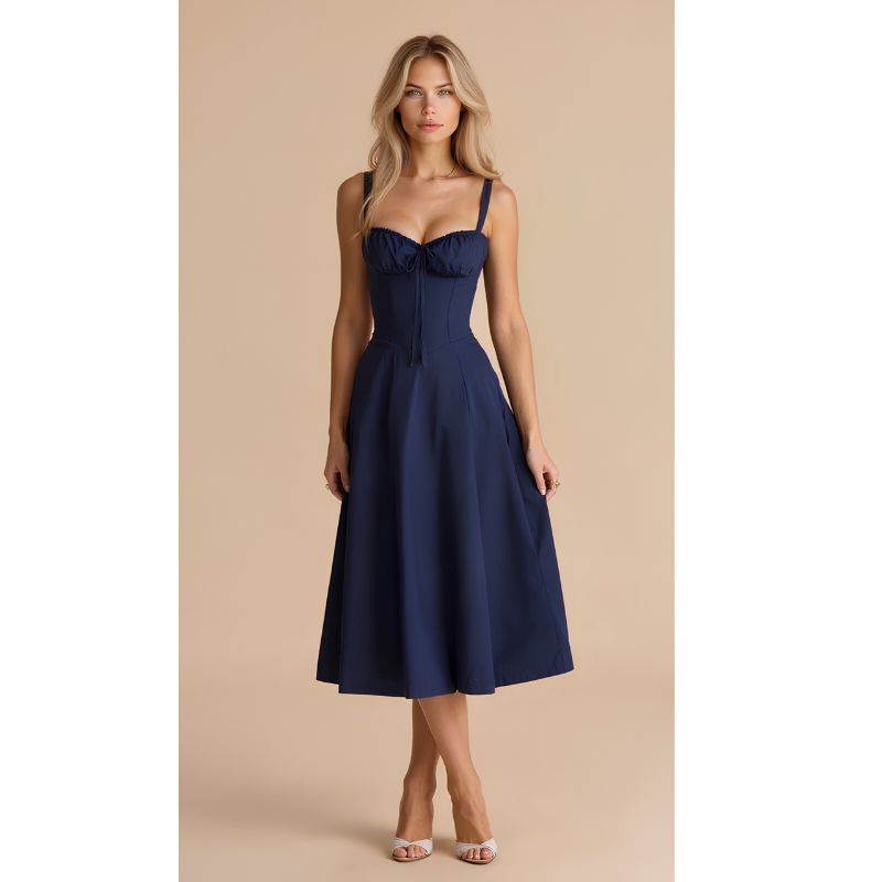 Corset Midi Dress with Structured Bodice and Flowing Flared Skirt, Stretch Lined
