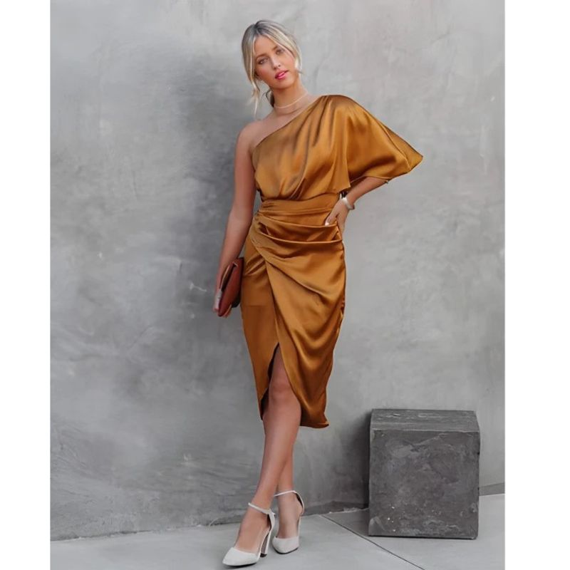 One Shoulder Midi Dress with Ruched Detailing and Side Zipper, Stretch Knit