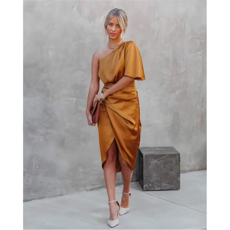 One Shoulder Midi Dress with Ruched Detailing and Side Zipper, Stretch Knit