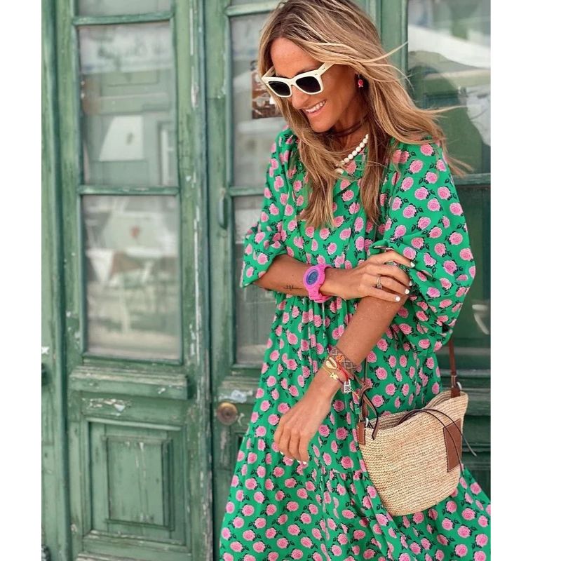 Midi Dress with Lightweight Breathable Fabric and Defined Waist, Flowing Skirt