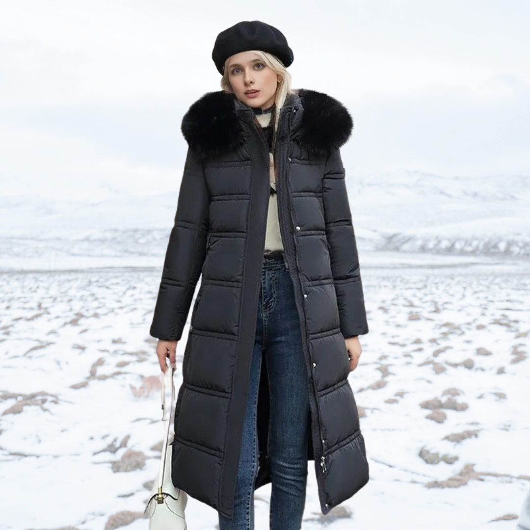 Womens Long Puffer Coat with High Collar and Quilted Fill, Full-Length Zipper