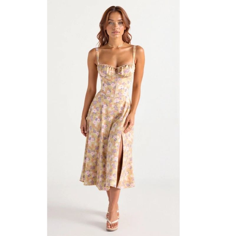Corset Midi Dress with Structured Bodice and Flowing Flared Skirt, Stretch Lined
