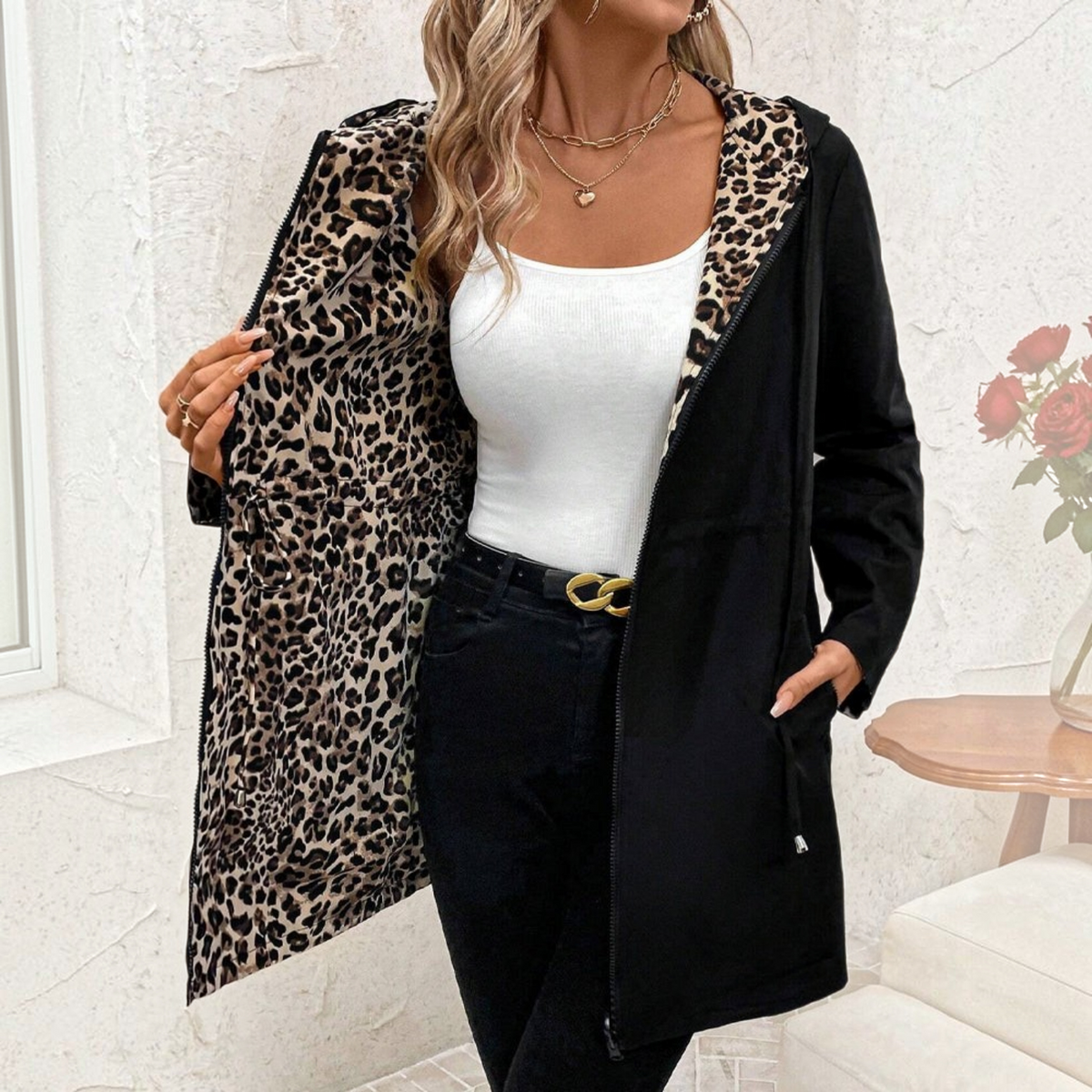 Reversible Coat with Leopard Print and Neutral Side, Relaxed Draping Silhouette