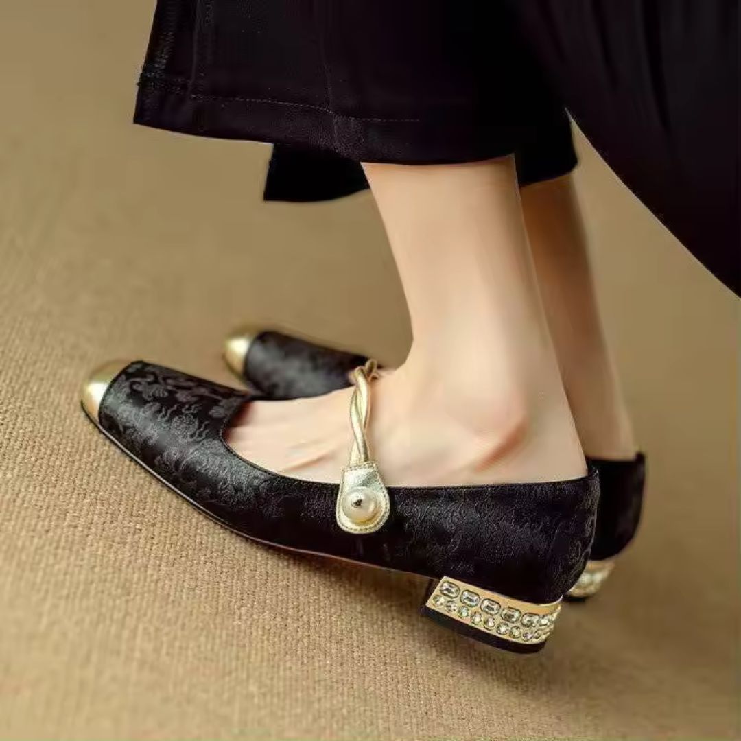 Womens Gold Heels with Pearl Twist Strap and Padded Insole, Square Toe Floral