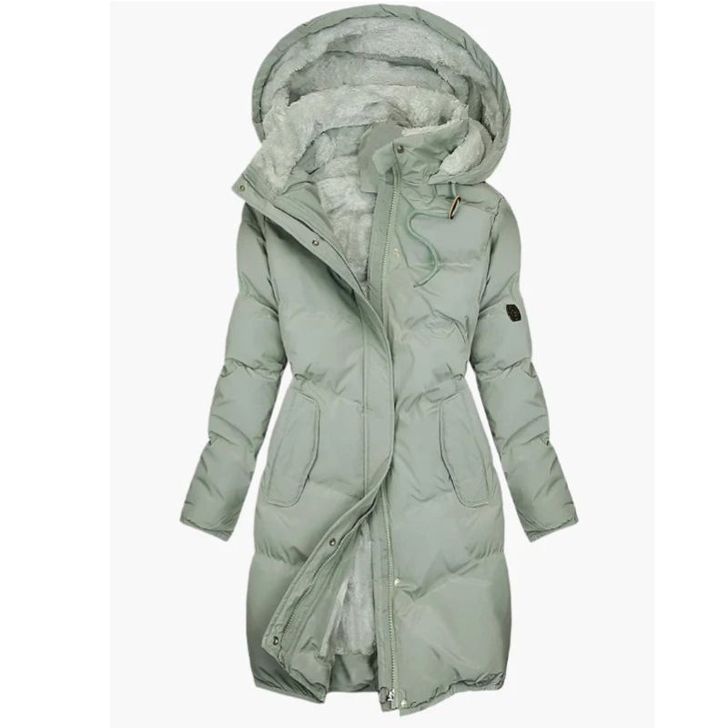 Long Quilted Coat for Women with Plush Hood and Fleece Lining, Zipper Front