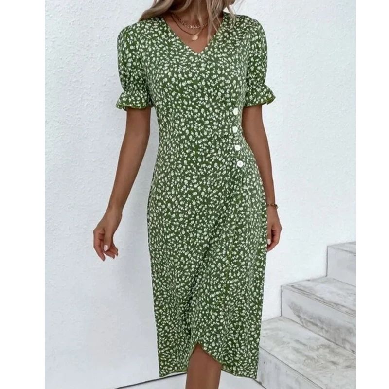 Floral Print Wrap Dress with V-Neck and Adjustable Tie Closure