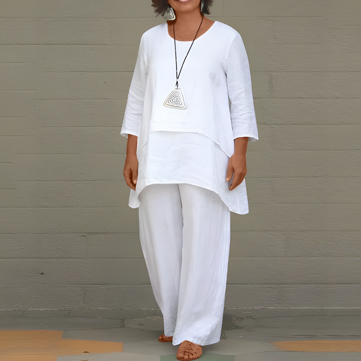 Womens Linen Top and Bottoms Set with Short Sleeves and Relaxed Fit