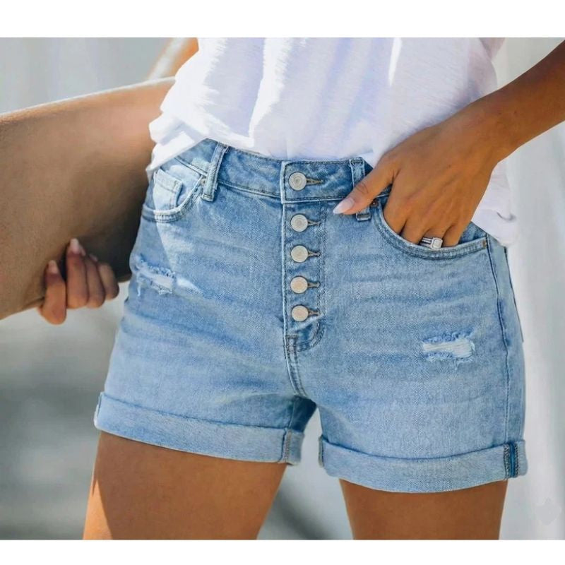 Denim Jorts with Button-Fly and Mid-Thigh Cut for Women, Relaxed Cotton Blend