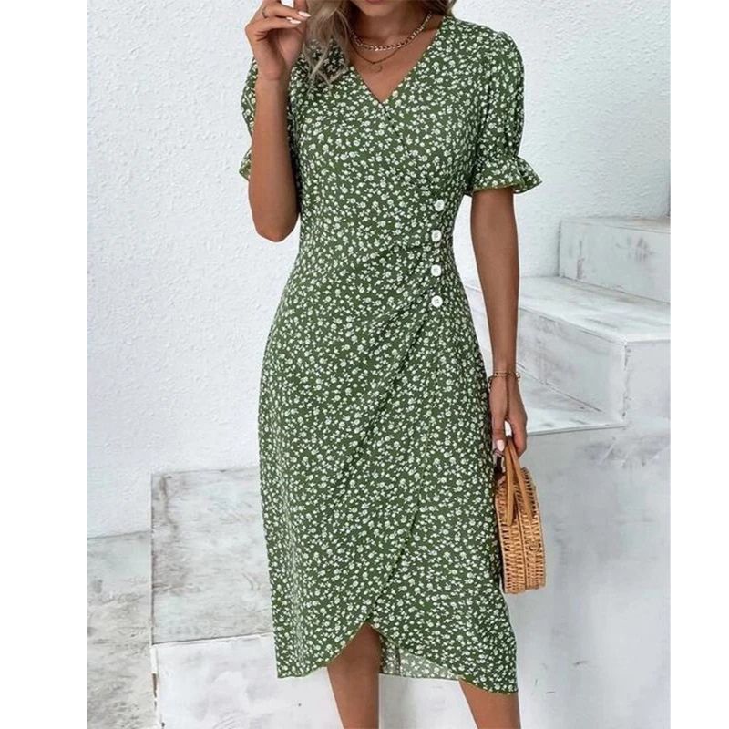 Womens V-Neck Dress with Waist Definition and Breathable Fabric, Mid-Length