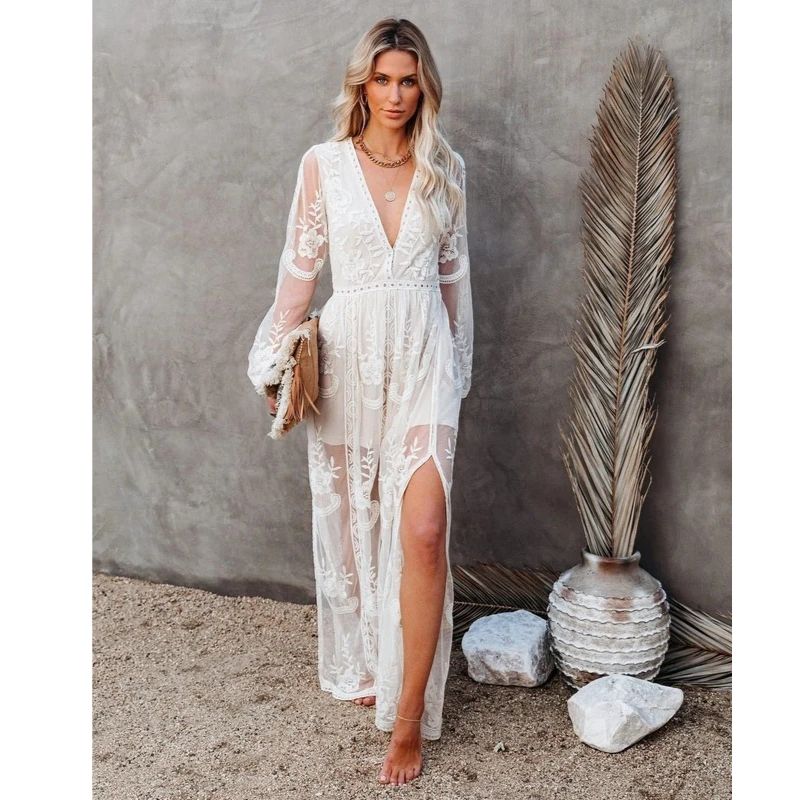 Womens Maxi Dress with V-Neck and Side Slit, Evening-Ready Soft Woven Blend