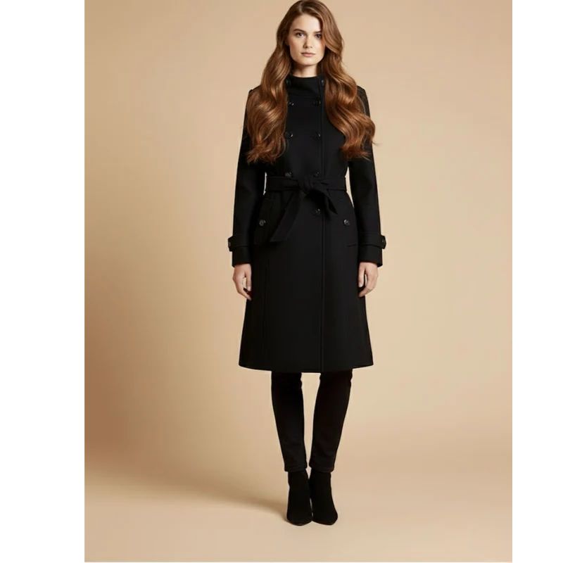 Womens Double-Breasted Coat with Classic Collar and Cuff Tabs, Mid-Length
