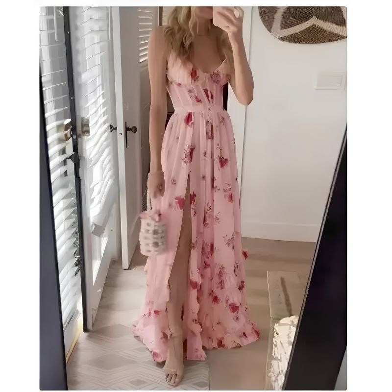 Floral Maxi Dress with High Slit and Lightweight Breathable Fabric