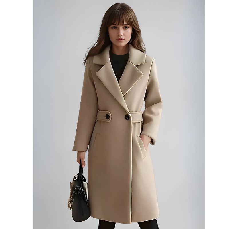 Womens Long Trench Coat with Wide Lapel Collar and Waist Tab Detail