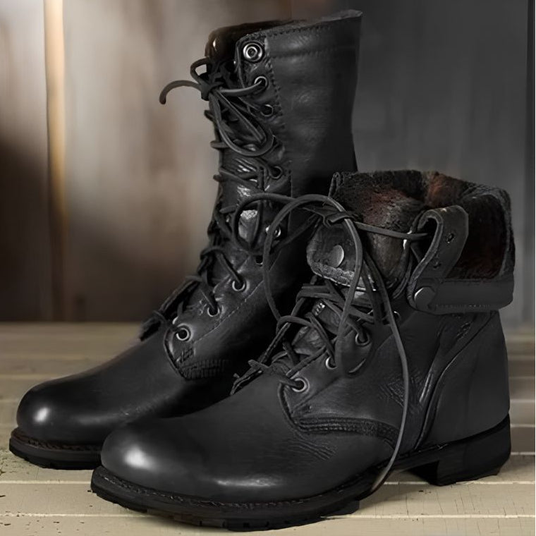 Mid Calf Lace Up Boots with Metal Eyelets and Stacked Heel for Women