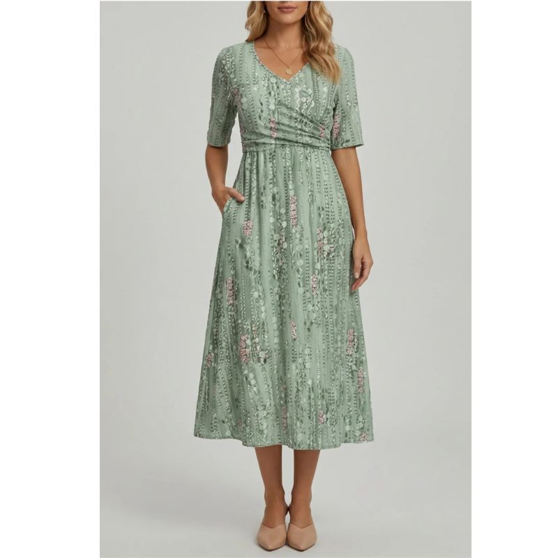 Womens Floral Midi Dress with A-Line Silhouette and Botanical Print