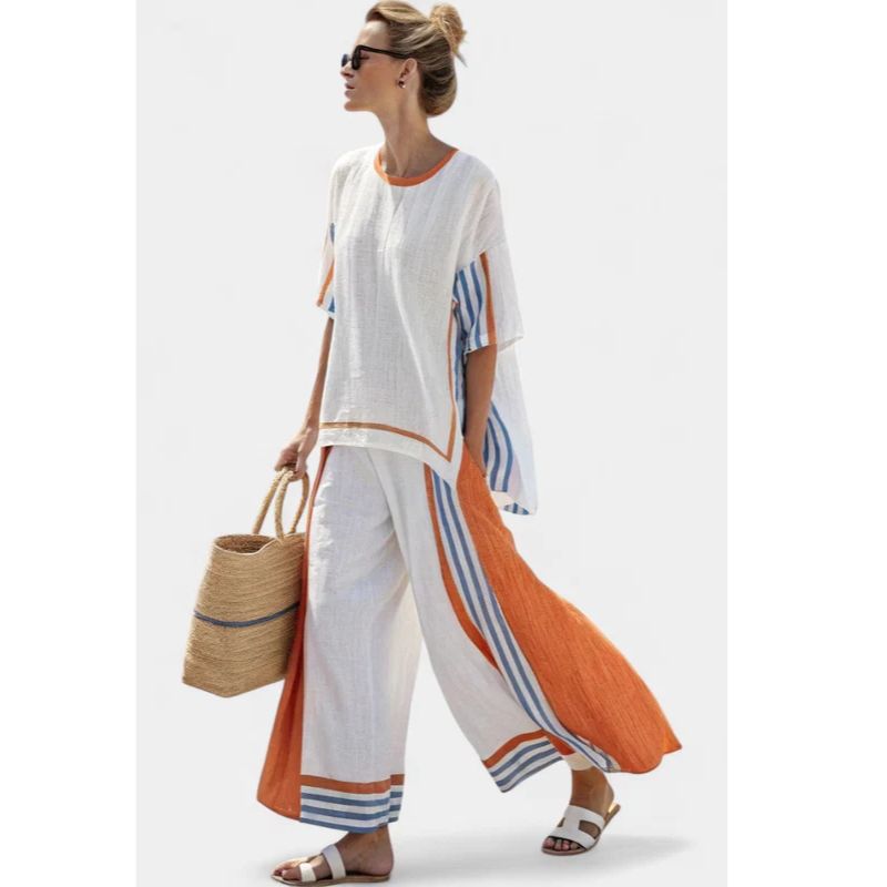 Womens Oversized Loungewear Set with Vertical Stripes and Lightweight Woven Fabric