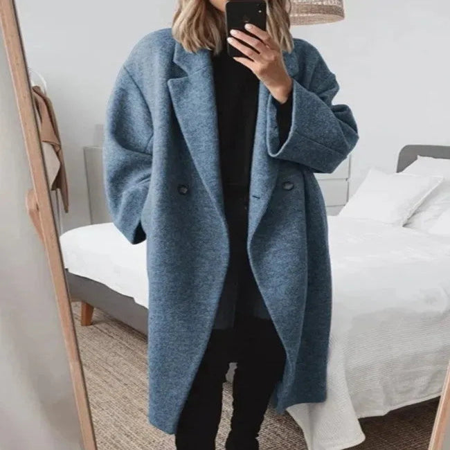 Oversized Coat with Double-Breasted Buttons and Wool-Blend Lining for Women - Relaxed Fit