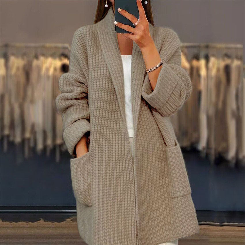 Open Front Cardigan with Shawl Neckline and Patch Pockets for Women